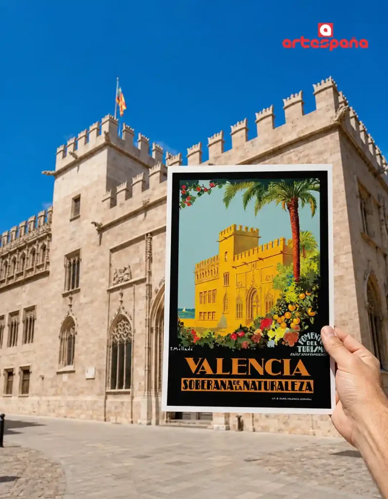 Lonja de la Seda Valencia Silk Exchange with Artespaña vintage Valencia poster held in front of the historic Gothic building