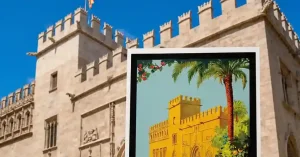 Lonja de la Seda Valencia head Lonja de la Seda Valencia Silk Exchange with Artespaña vintage Valencia poster held in front of the historic Gothic building