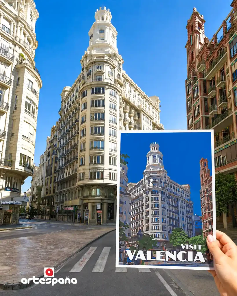 old plaza del ayuntamiento valencia Artespana vintage Valencia poster held in front of a historic building in Plaza del Ayuntamiento Valencia, illustrating the old square and its architectural heritage.