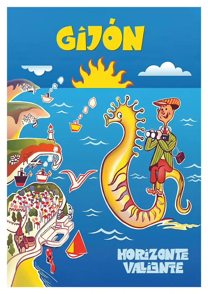 Cartel Gijon Horizonte Valiente con personaje sobre caballito de mar, costa asturiana y mapa ilustrado.