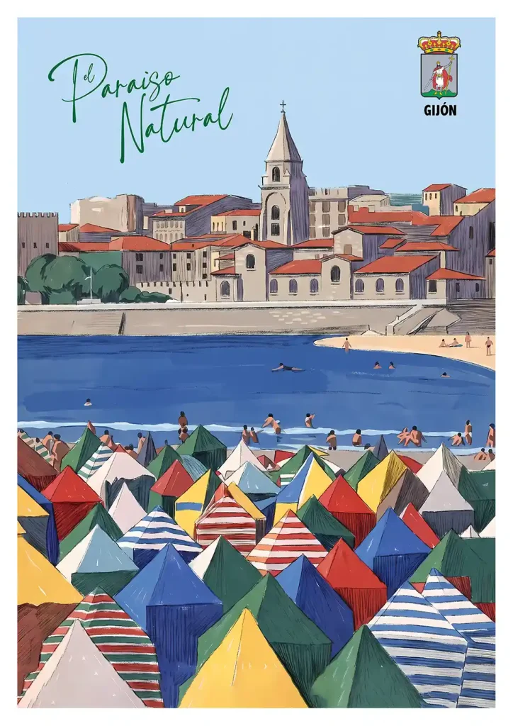 Cartel Gijon Paraíso Natural con las coloridas casetas de playa de San Lorenzo y la Iglesia de San Pedro al fondo.