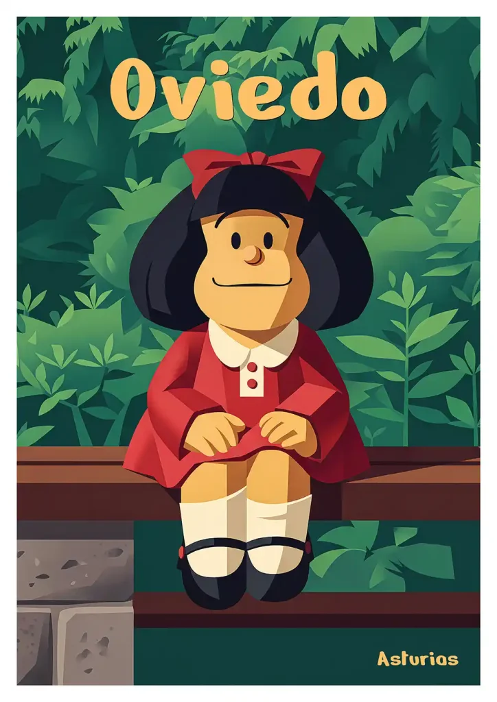 Cartel Mafalda Oviedo en el parque San Francisco sentada en el banco con vegetación de fondo.