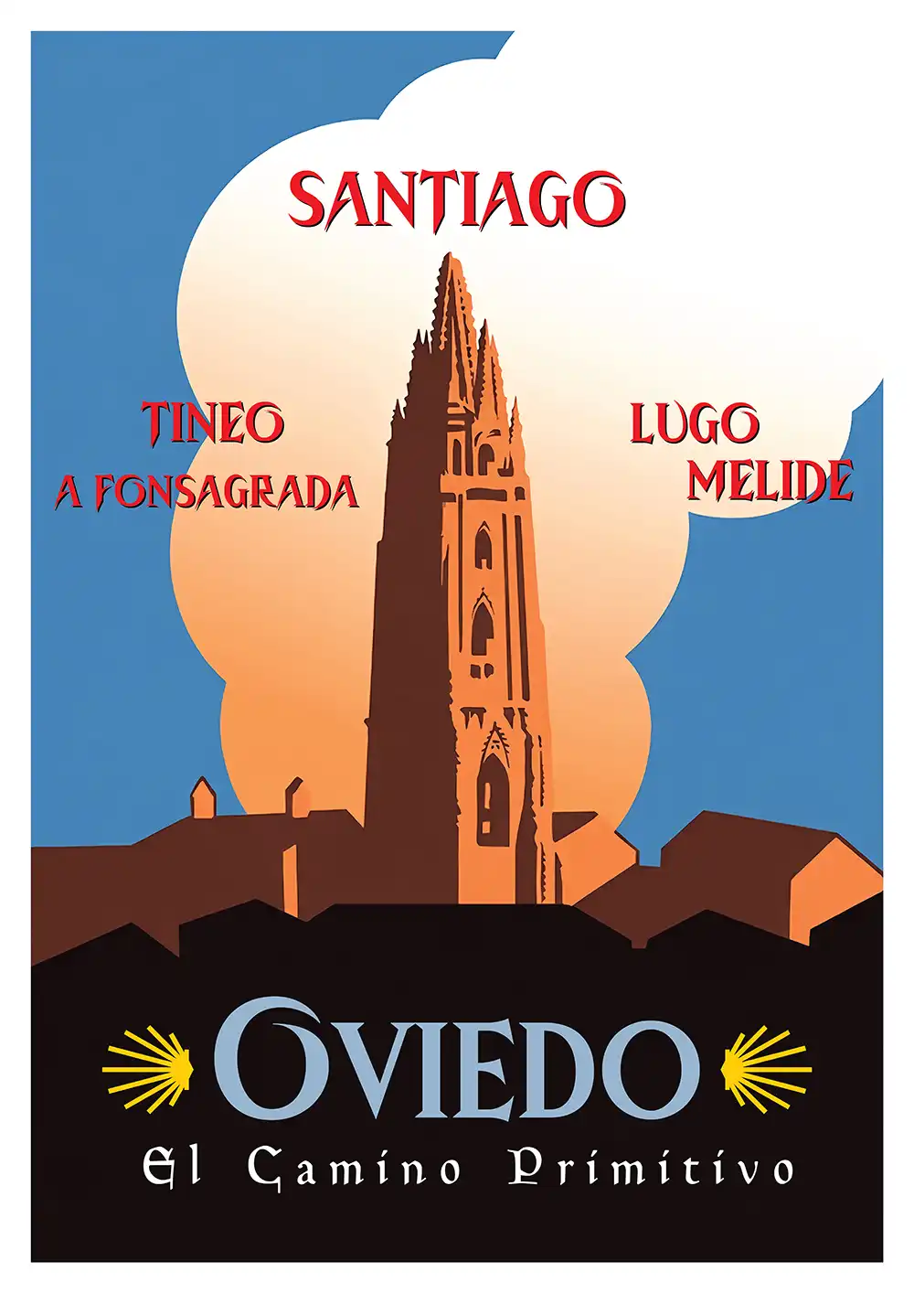 Cartel Oviedo Camino Primitivo ilustrado con la silueta de la Catedral de Oviedo, la concha de Santiago y paradas de la ruta.