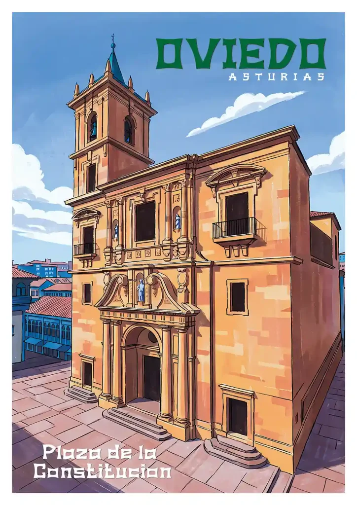 Cartel Oviedo Plaza Constitucion con la Iglesia de San Isidoro el Real en ilustración vintage.