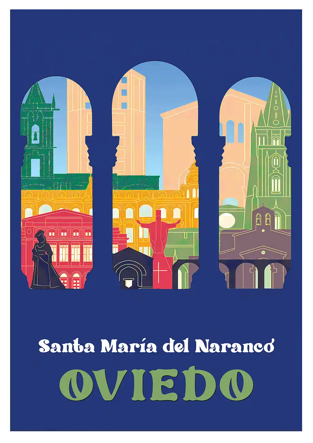 Cartel Oviedo Skyline con los arcos de Santa María del Naranco y los monumentos principales de la ciudad.