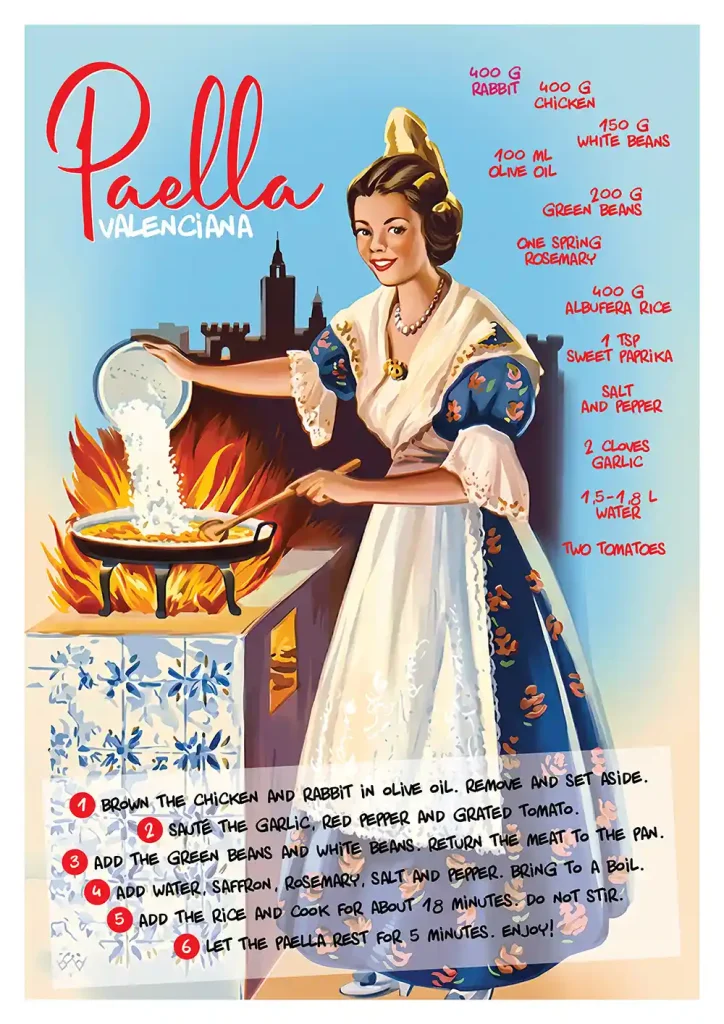 Cartel Paella con ilustración de una fallera cocinando la receta tradicional a fuego de leña