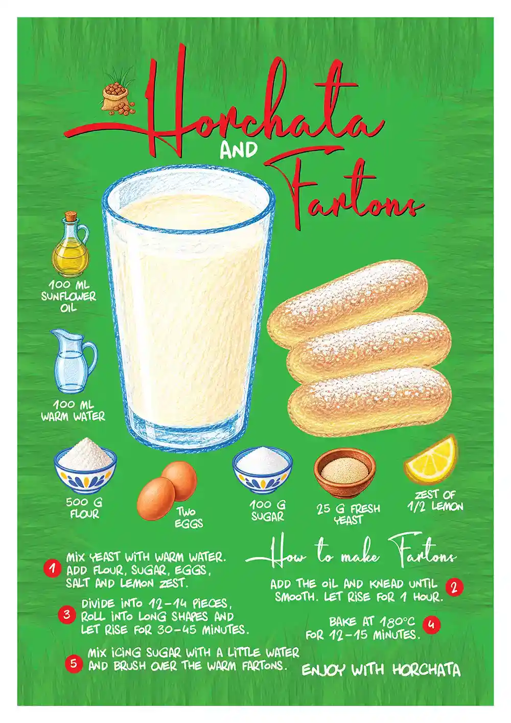 Poster de receta tradicional de Horchata y Fartons con vaso de horchata e ingredientes ilustrados