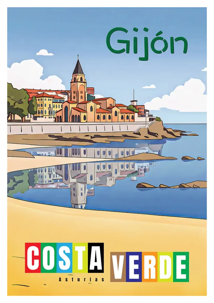 Cartel Gijon Costa Verde ilustrado con la Iglesia de San Pedro reflejada sobre el agua de la playa y texto Costa Verde.