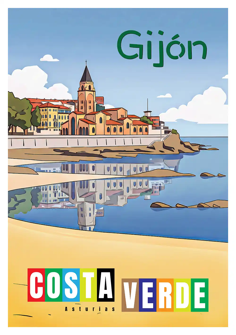 Cartel Gijon Costa Verde ilustrado con la Iglesia de San Pedro reflejada sobre el agua de la playa y texto Costa Verde.