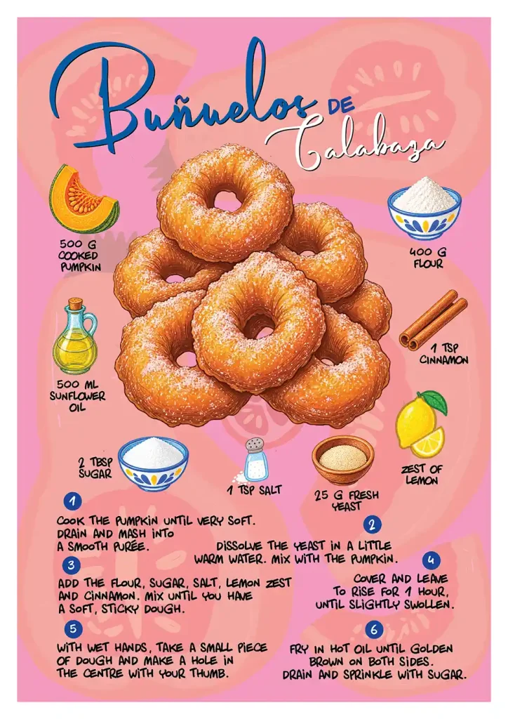 Poster de receta tradicional de Buñuelos de Calabaza con buñuelos fritos e ingredientes ilustrados