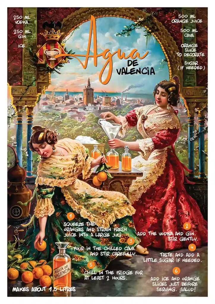 Cartel Agua de Valencia de estilo clásico vintage con señoras valencianas preparando la receta tradicional
