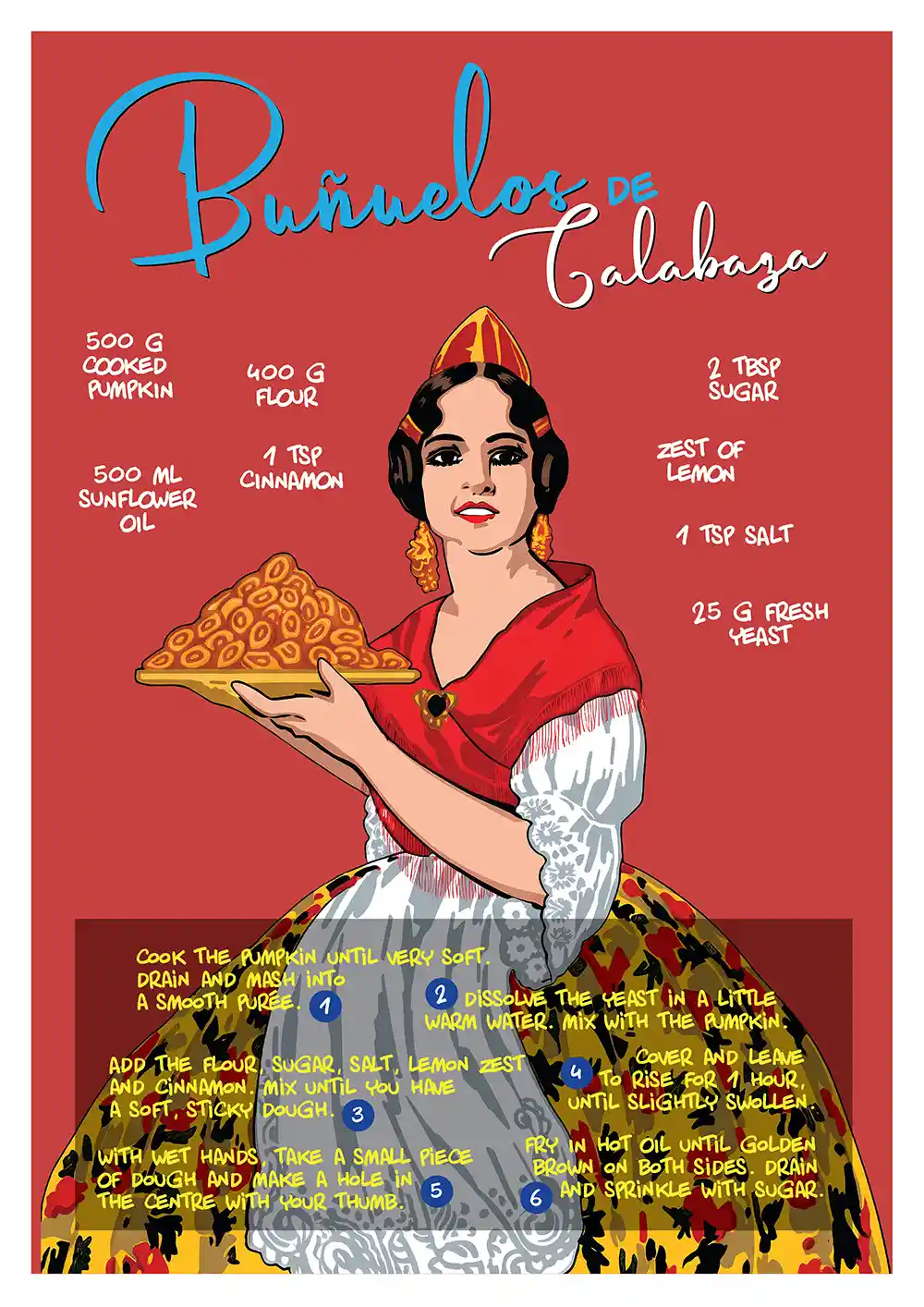 Cartel Buñuelos decorativo de estilo vintage con la receta ilustrada de buñuelos de calabaza