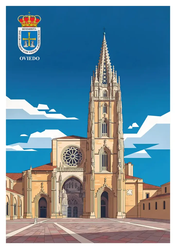 Cartel Catedral de Oviedo en ilustración estilo vintage con el escudo oficial de la ciudad y cielo azul.