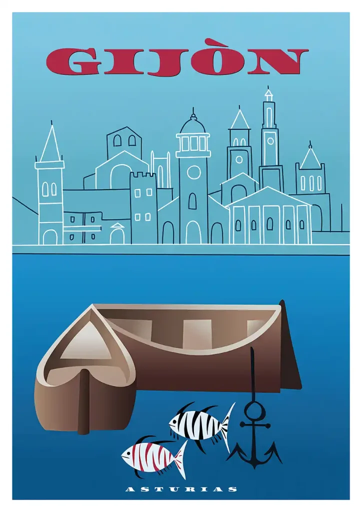 Cartel Gijon Puerto con embarcaciones tradicionales, peces, ancla y el skyline de Cimadevilla en tonos azules