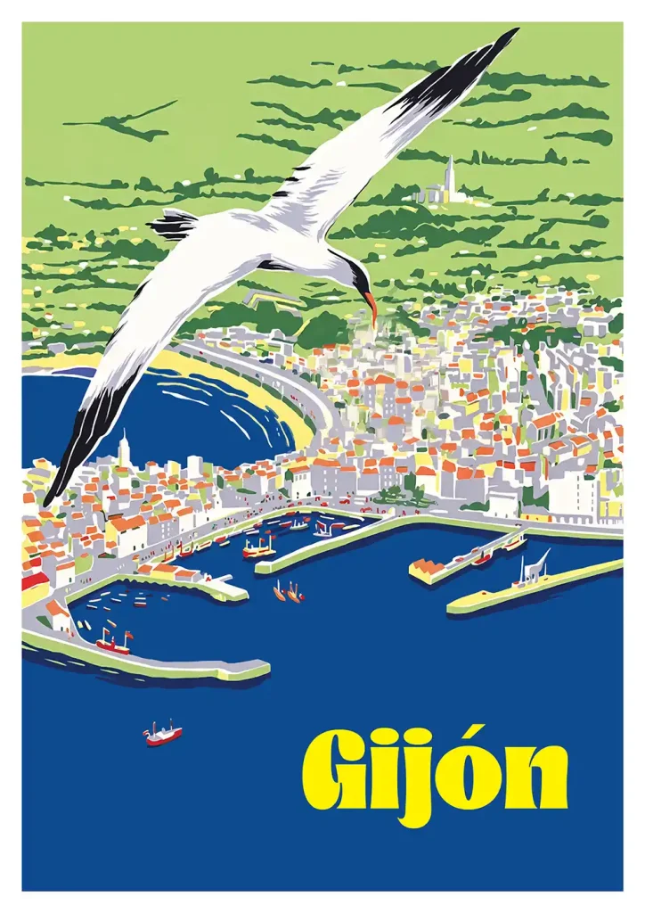 Cartel Gijon Vista Aérea con una gaviota en primer plano volando sobre el puerto deportivo y la playa de San Lorenzo