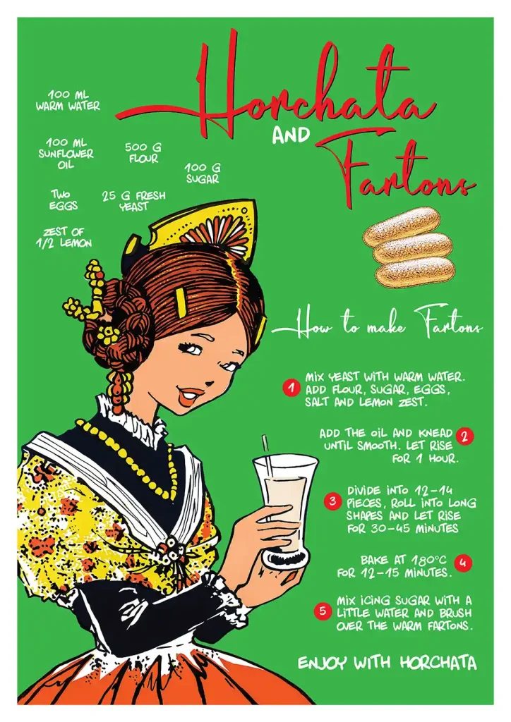 Cartel Horchata de estilo ilustrado con fallera valenciana sosteniendo un vaso de horchata y fartons