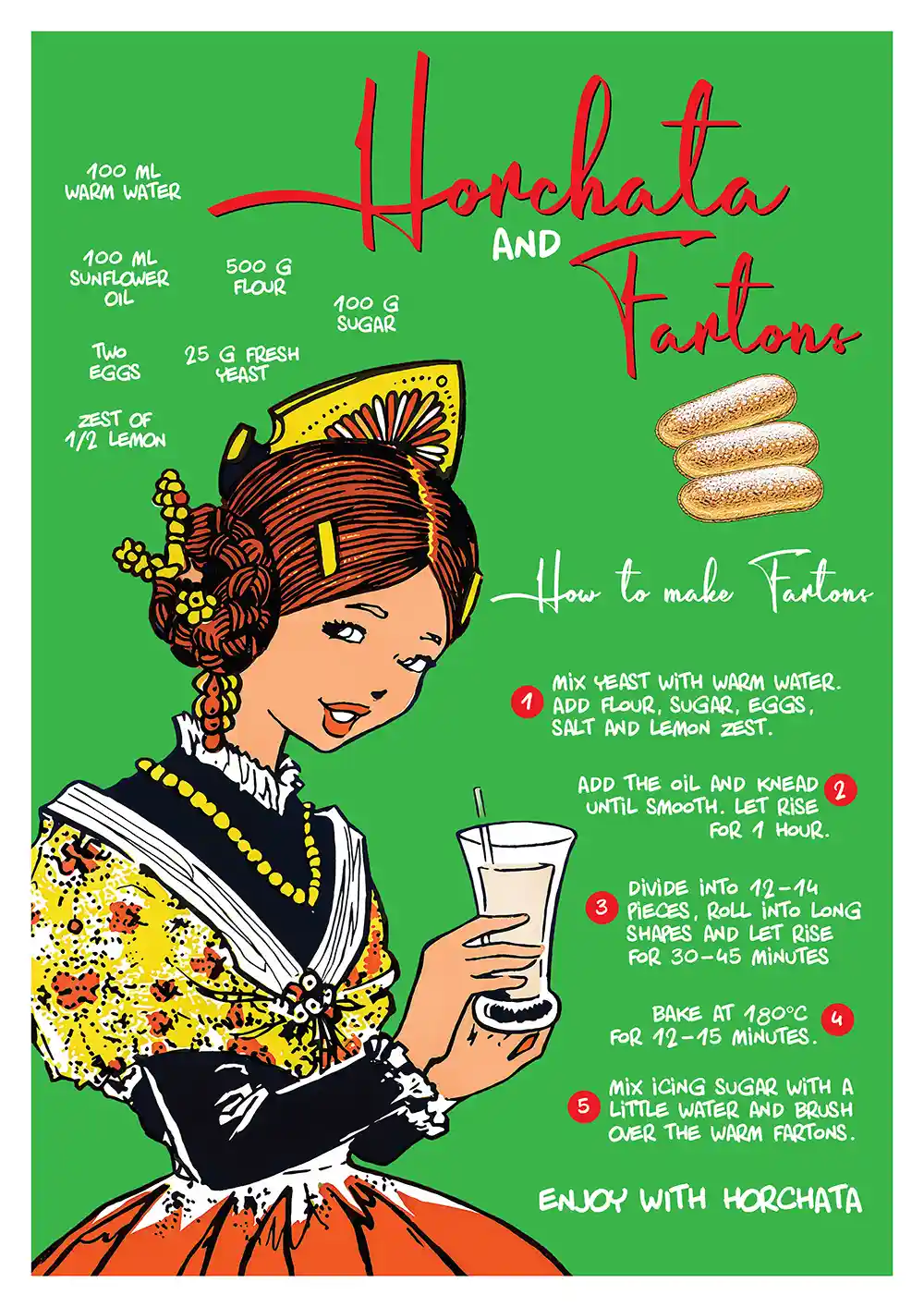 Cartel Horchata de estilo ilustrado con fallera valenciana sosteniendo un vaso de horchata y fartons