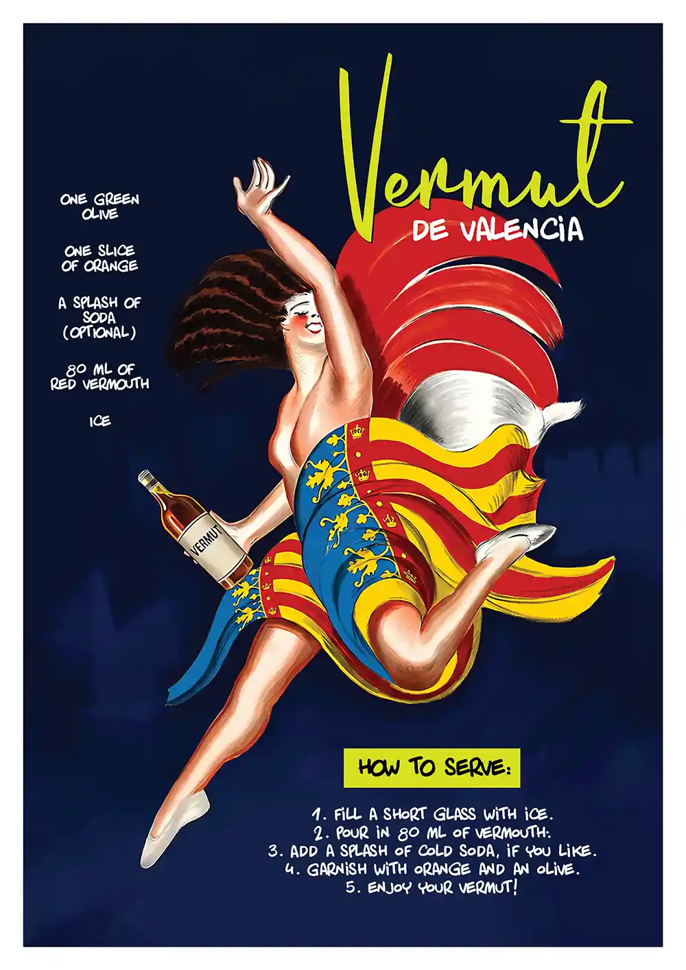 Cartel Vermut de estilo vintage con bailarina vistiendo la senyera valenciana y sosteniendo una botella