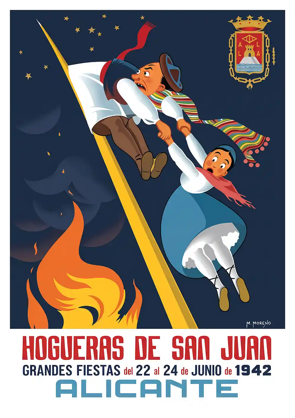 Hogueras Poster 1942 cartel vintage con personajes tradicionales deslizándose y fuego nocturno en Alicante