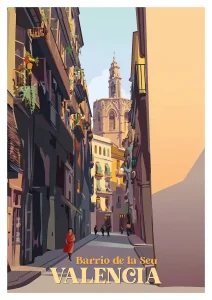 Old Valencia lámina ilustrada de estilo vintage con calle tradicional del Barrio de la Seu y la torre del Miguelete al fondo