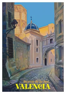 La Seu Valencia lámina ilustrada de estilo vintage con calle empedrada, cúpula azul de la Basílica y arco histórico