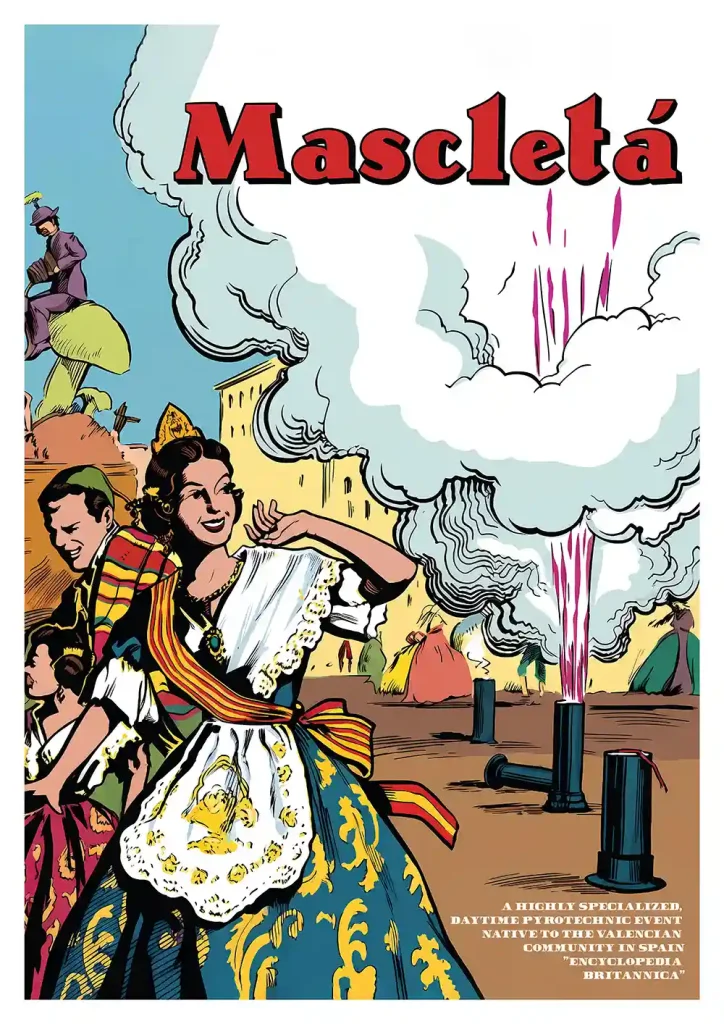 Mascleta poster cartel de estilo cómic vintage con fallera vestida con traje tradicional, pirotecnia disparando humo y la tipografía Mascletá