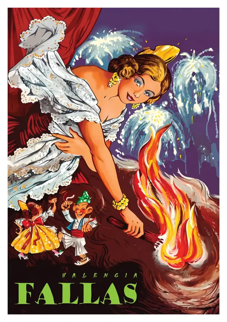 urista Fallero lámina vintage ilustrada con fallera prendiendo fuego a la falla entre fuegos artificiales y pequeñas figuras festivas