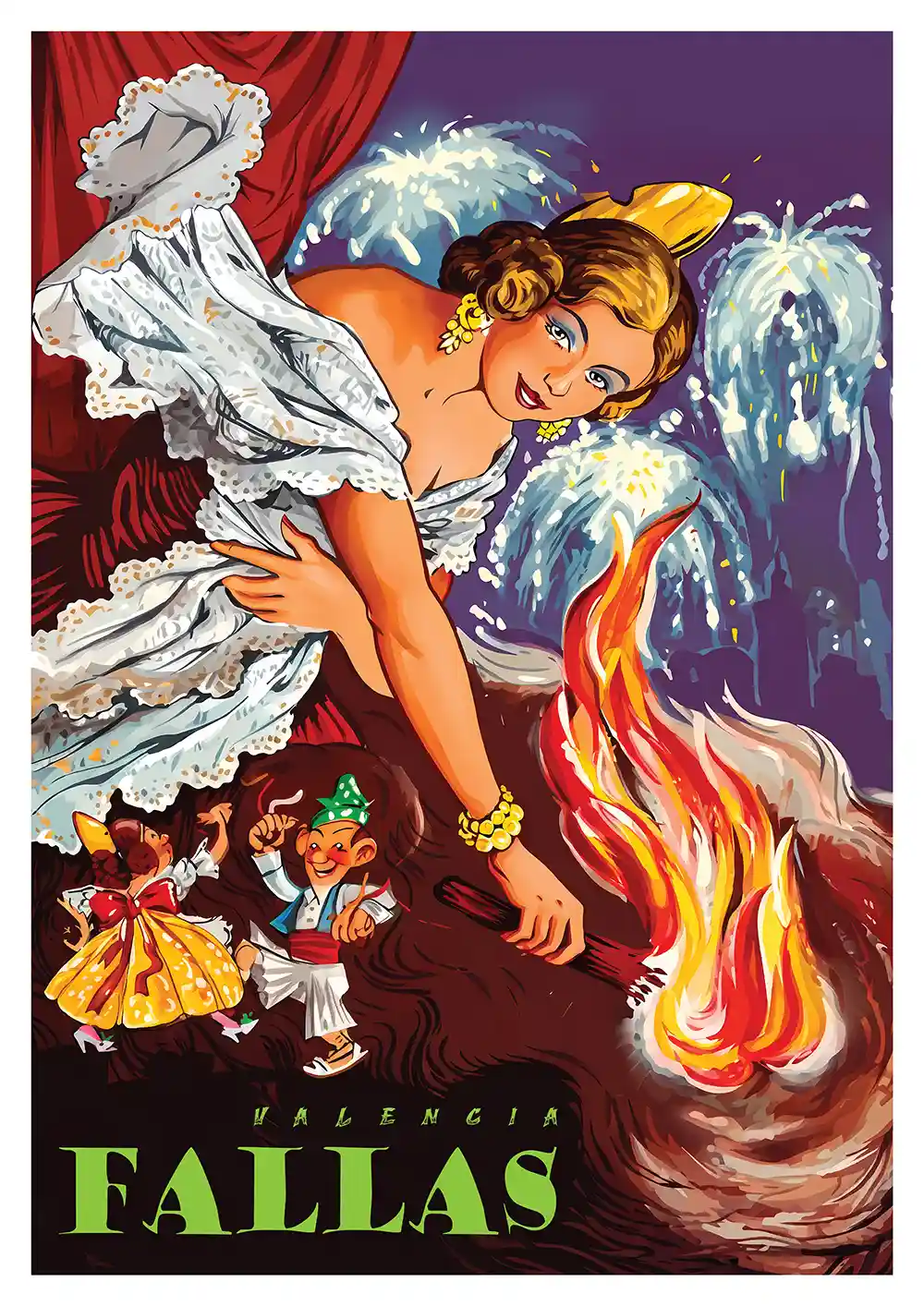 urista Fallero lámina vintage ilustrada con fallera prendiendo fuego a la falla entre fuegos artificiales y pequeñas figuras festivas
