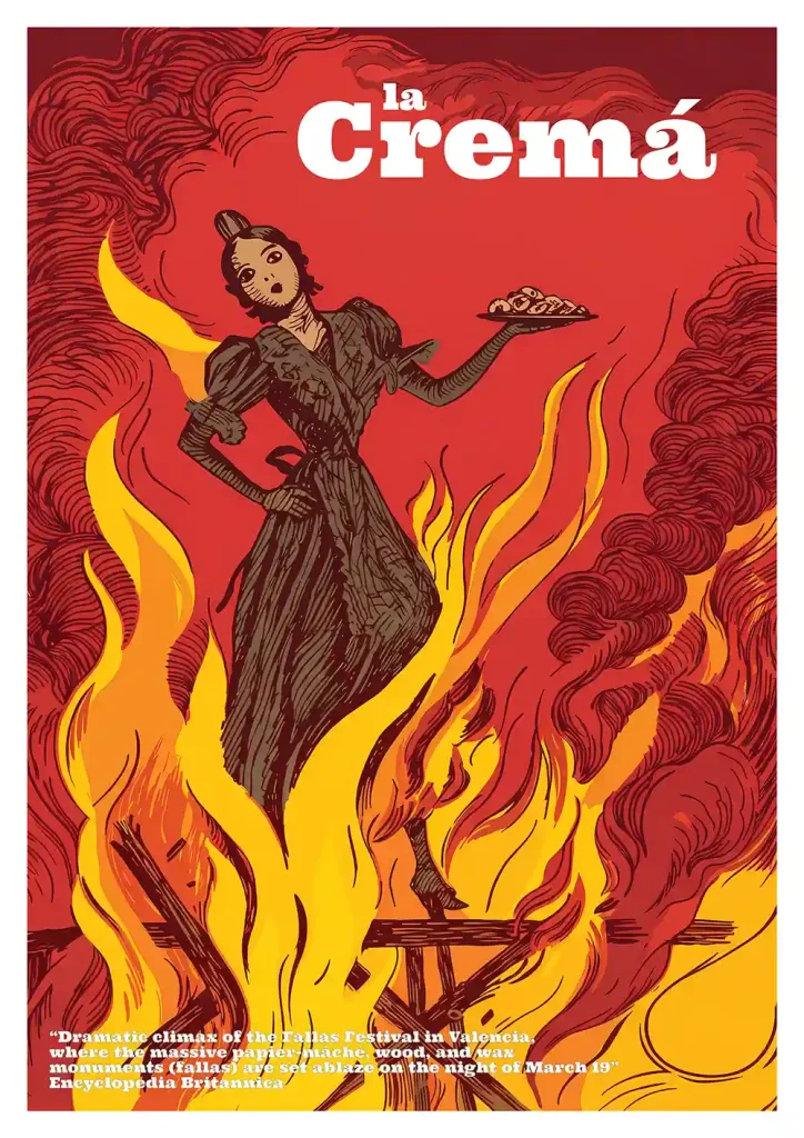 La Crema Poster cartel de estilo vintage ilustrado con figura consumida por las llamas de fuego y el título La Cremá