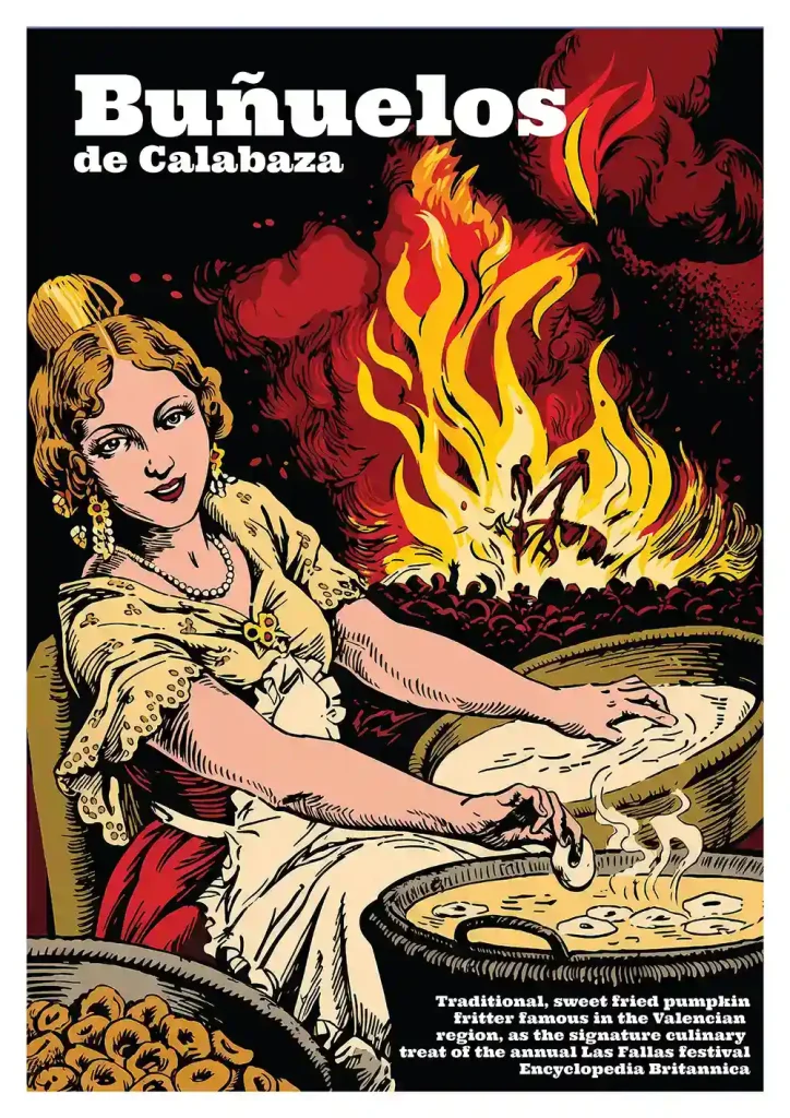 Buñuelos Poster cartel vintage ilustrado con buñolera en traje tradicional elaborando buñuelos de calabaza sobre caldera y hoguera de fondo