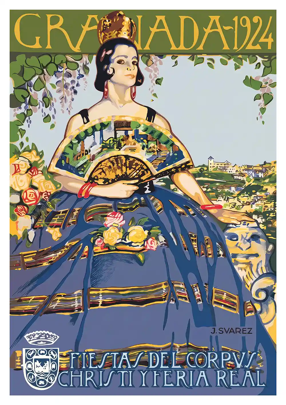 Granada 1924 poster cartel histórico de estilo Art Nouveau ilustrado con una mujer con abanico y las murallas de la Alhambra de fondo