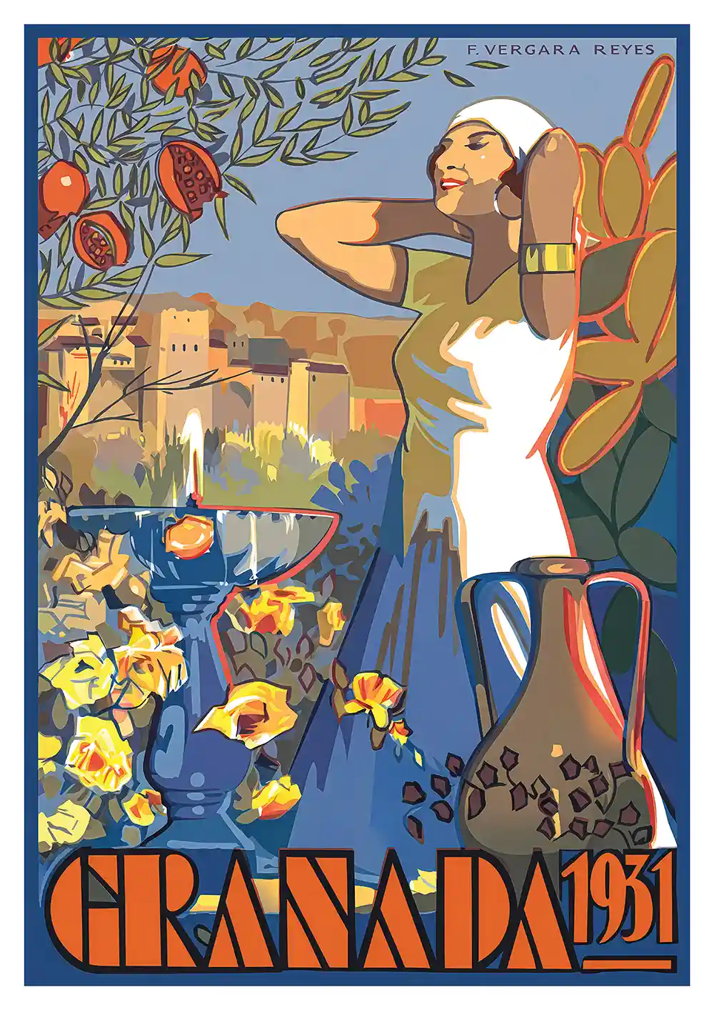 Granada 1931 Poster cartel de estilo vintage ilustrado con mujer junto a fuente de piedra, cántaro, granados y la Alhambra de fondo