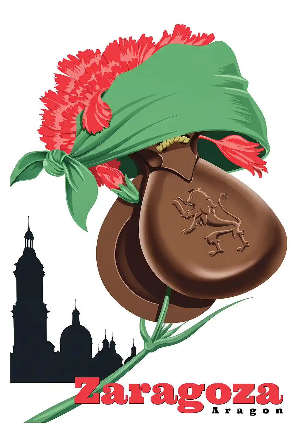 Dance Zaragoza lámina vintage con castañuelas de madera, pañuelo de cachirulo verde, clavel rojo y silueta de la Basílica del Pilar