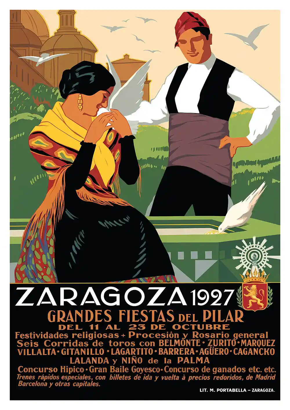 Zaragoza 1927 Poster cartel vintage de las Grandes Fiestas del Pilar con pareja con trajes tradicionales, palomas y la Basílica del Pilar