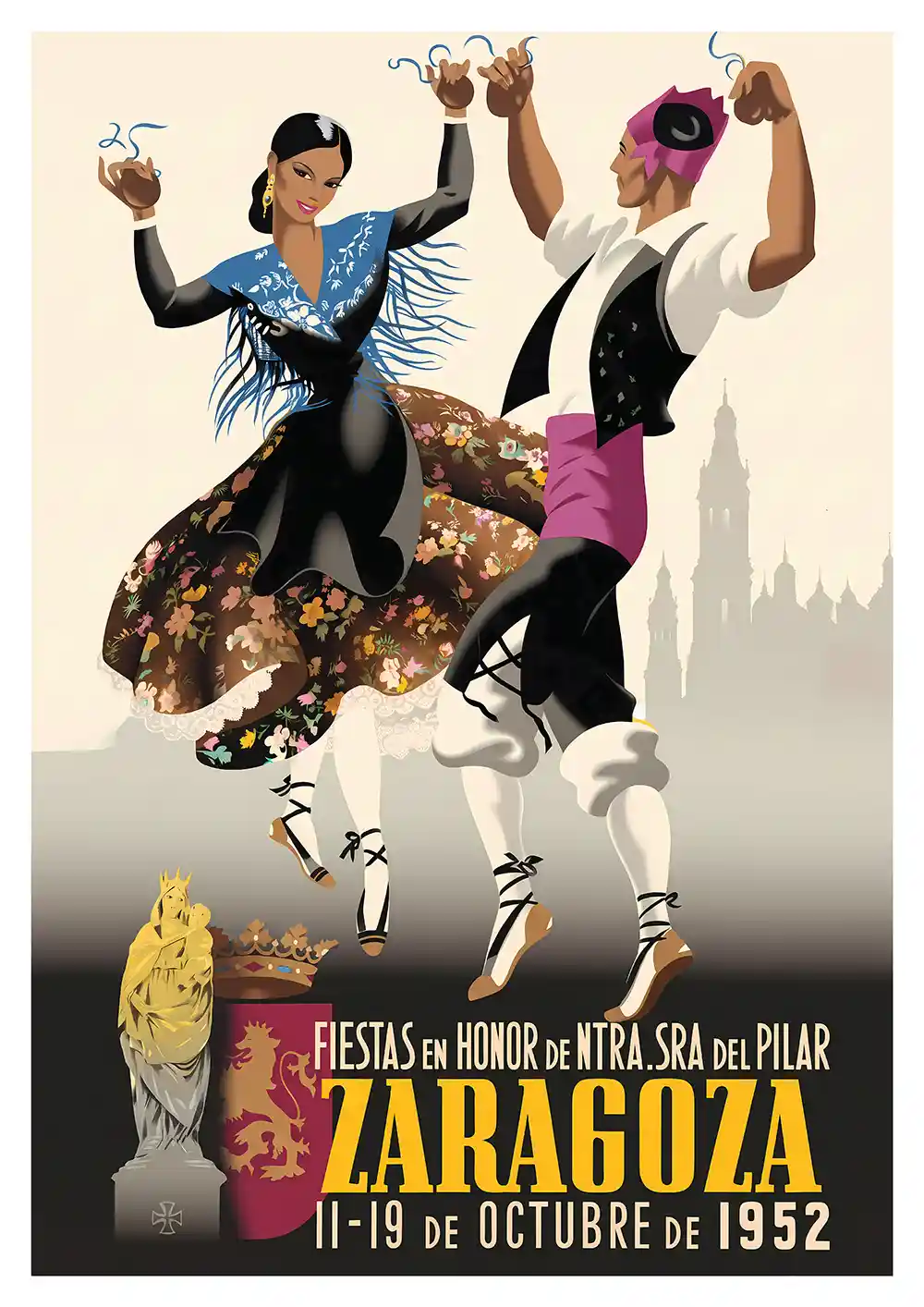 Zaragoza 1952 Poster cartel vintage de las Fiestas del Pilar con parejando bailando la jota aragonesa, figura de la Virgen y la Basílica del Pilar